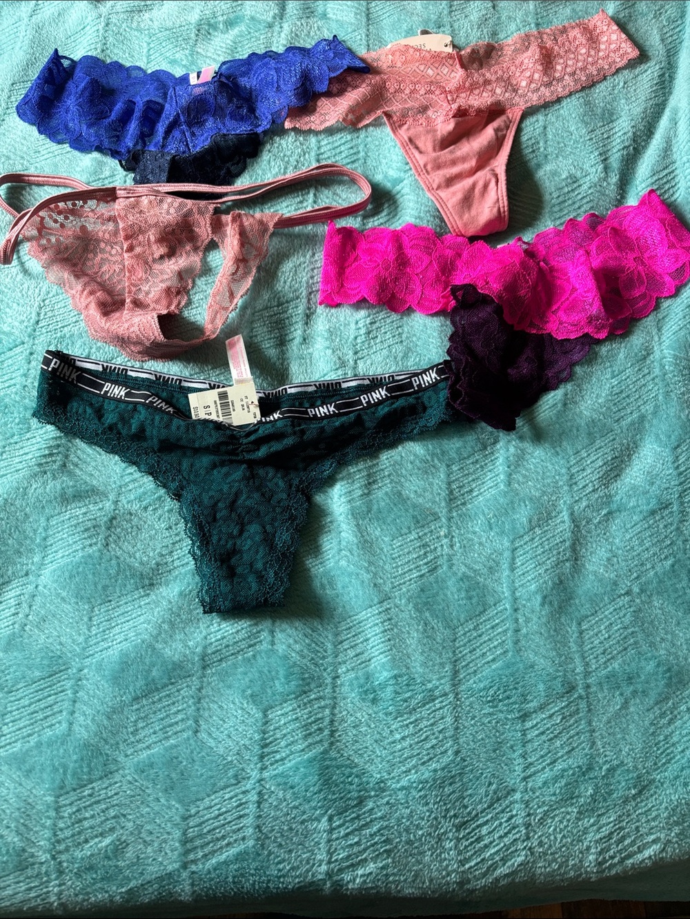 PINK Victoria's Secret Lace Thong Set in Blue, Pink, Hot Pink, Blush & Green